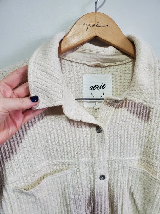 AERIE LumberJane Waffle Shirt Oversized Boxy Button Front Cream Women's Large - Picture 3 of 11